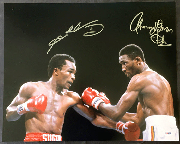 LEONARD, SUGAR RAY-THOMAS HEARNS SIGNED LARGE FORMAT PHOTO (1981 FIGHT-SIGNED BY BOTH-PSA/DNA)