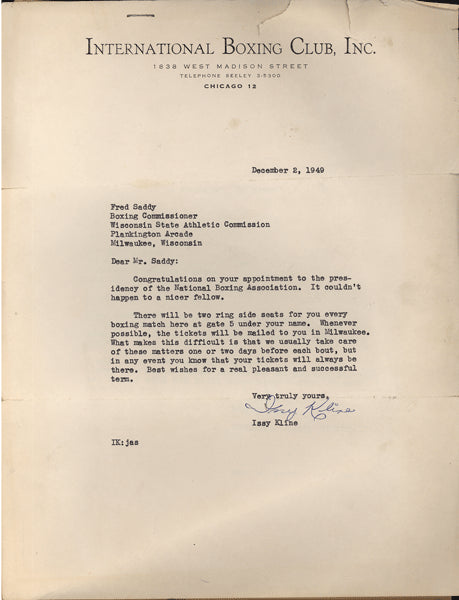 KLINE, IZZY SIGNED LETTER (TO FRED SADDY_