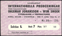 JOHANSSON, INGEMAR-WIM SNOEK STUBLESS TICKET (1962)