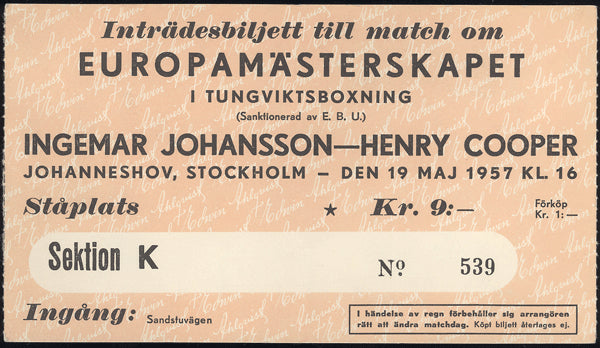 JOHANSSON, INGEMAR-HENRY COOPER ORIGINAL TICKET (1957)