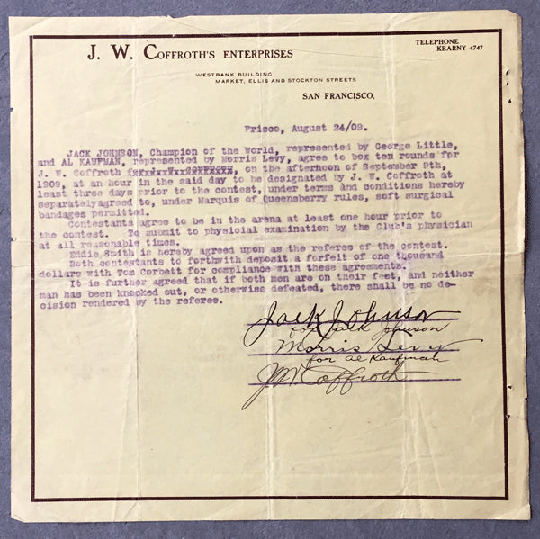 JOHNSON, JACK-AL KAUFMAN SIGNED FIGHT CONTRACT (1909-PSA/DNA & SGC)