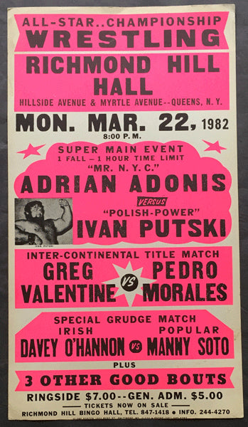 PUTSKI, IVAN-ADRIAN ADONIS & PEDRO MORALES-GREG VALENTINE ON SITE POSTER (1982)