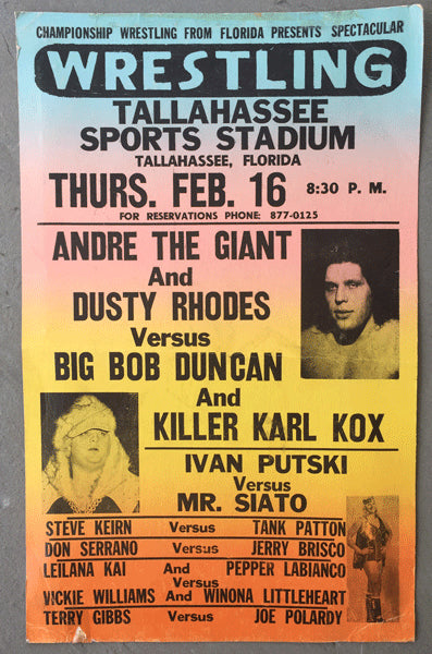 ANDRE THE GIANT & DUSTY RHODES VS. BIG BOB DUNCAN & KILLER KARL KOX WRESTLING ON SITE POSTER (1978)
