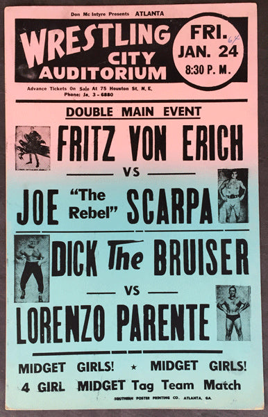 VON ERICH, FRITZ-JOE SCARPA & DICK THE BRUISER-LORENZO PARENTE ON SITE POSTER (1964)