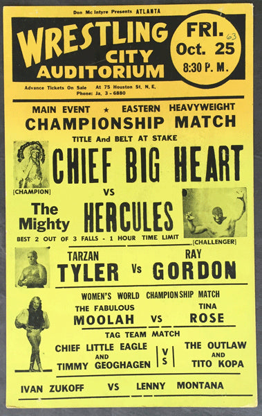 CHIEF BIG HEART-MIGHTY HERCULES ON SITE WRESTLING POSTER (1963)