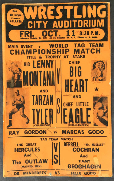 CHIEF BIG HEART & CHIEF LITTLE EAGLE-LENNY MONTANA & TARZAN TYLER ON SITE WRESTLING POSTER (1963)