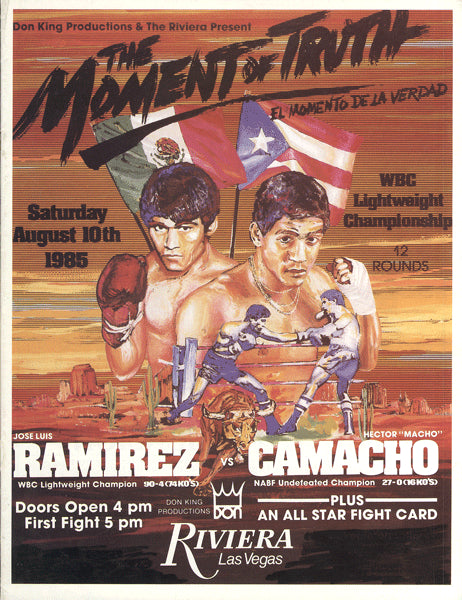 CAMACHO, HECTOR "MACHO"-JOSE LUIS RAMIREZ OFFICIAL PROGRAM (1985-CAMACHO WINS LIGHTWEIGHT TITLE)