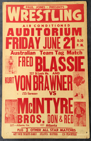 BLASSIE, FRED & KURT VON BRAUNER VS. MCINTYRE BROTHERS ON SITE WRESTLING POSTER (1957)