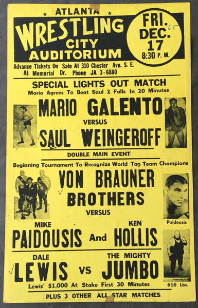 GALENTO, MARIO-SAUL WEINGEROFF WRESTLING ON SITE POSTER (1965)