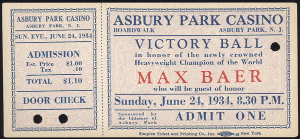BAER, MAX VICTORY FULL TICKET (1934-AFTER DEFEATING CARNERA)