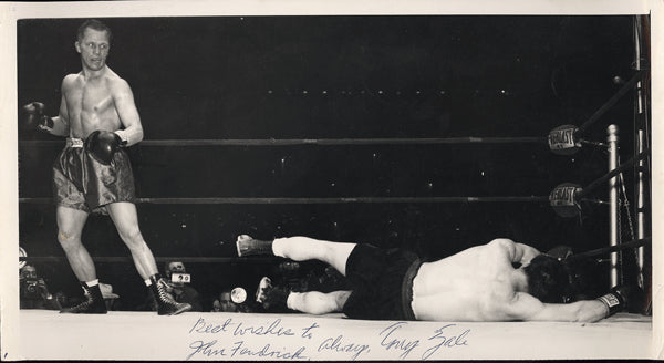 ZALE, TONY SIGNED WIRE PHOTO (1948-3RD GRAZIANO FIGHT)