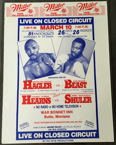 HAGLER, MARVIN-JOHN MUGABI & TOMMY HEARNS-JAMES SHULER CLOSED CIRCUIT POSTER (1986)