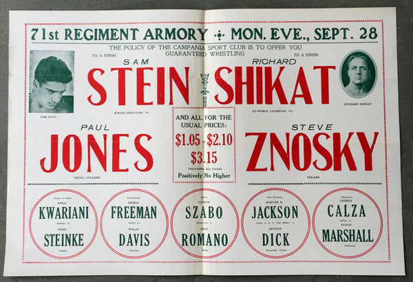 STEIN, SAM-PAUL JONES & RICHARD SHIKAT-STEVE ZNOSKY OFFICIAL WRESTLING PROGRAM (1931)