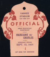 MARCIANO, ROCKY-EZZARD CHARLES II OFFICIAL'S PASS (1954)