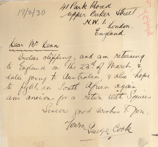 COOK, GEORGE HANDWRITTEN & SIGNED LETTER (1930)