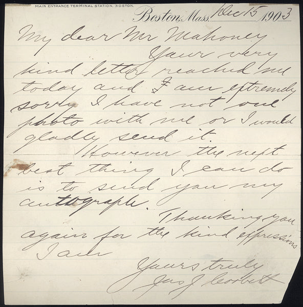 CORBETT, JAMES J. SIGNED HAND WRITTEN LETTER (1903)