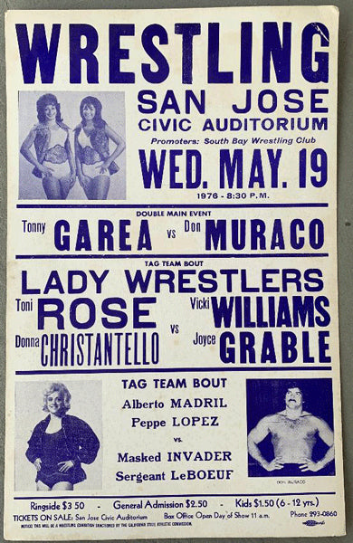 ROSE, TONI & DONNA CHRISTANTELLO VS VICKI WILLIAMS & JOYCE GRABLE ON SITE WRESTLING POSTER (1976)