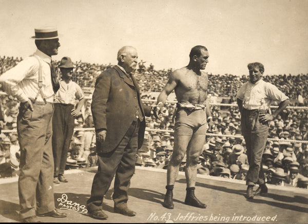 JEFFRIES, JAMES ORIGINAL ANTIQUE PHOTO (1910-BEING ANNOUNCED AT JOHNSON FIGHT)