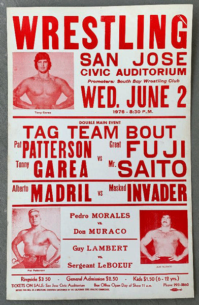 PATTERSON, PAT & TONY GAREA VS> GREAT FUJI & MR> SAITO WRESTLING ON SITE POSTER (1976)