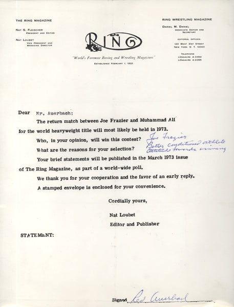 AUERBACH, RED SIGNED PREDICTION FOR ALI-FRAZIER II FIGHT (1974)