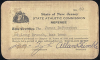 DEFOREST, JIMMY NEW JERSEY REFEREE LICENSE (1929)