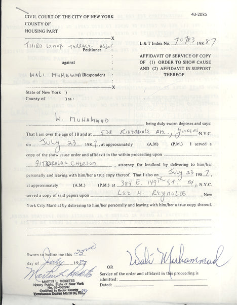 MUHAMMAD, WALI SIGNED AFFIDAVIT (1987-ALI'S ASSISTANT TRAINER)