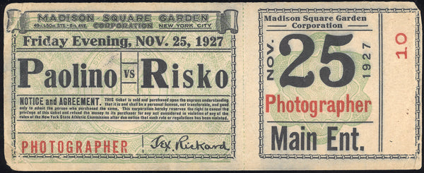 RISKO, JOHNNY-PAOLINO UZCUDUN FULL TICKET (1927) – JO Sports Inc.