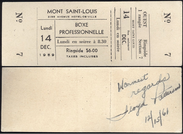 HILTON, DAVE-ANDRE MILLETTE FULL TICKET (1959-SIGNED BY FLOYD PATTERSON)