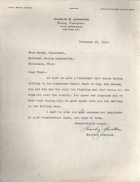 JOHNSTON, CHARLEY SIGNED LETTER (1949)