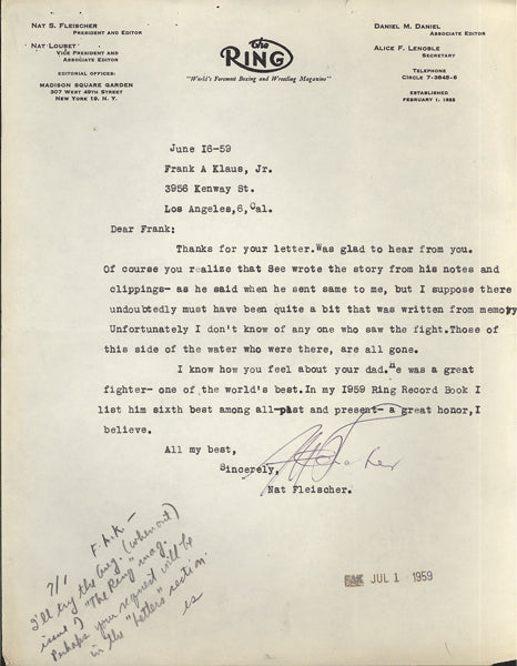 FLEISCHER, NAT SIGNED LETTER (1959)