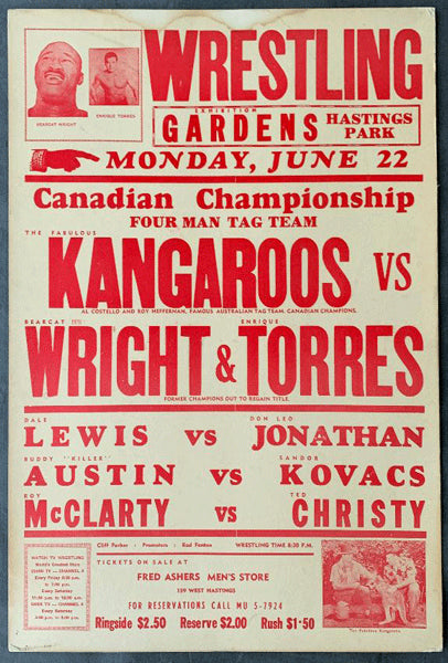 KANGAROOS VS BEARCAT WRIGHT & ENRIQUE TORRES WRESTLING ON SITE POSTER (1964)