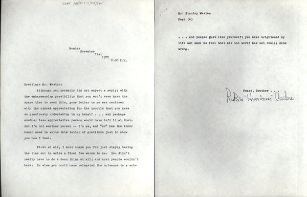 CARTER, RUBIN "HURRICANE" SIGNED LETTER FROM PRISON (1972-TO STANLEY WESTON-PSA/DNA)