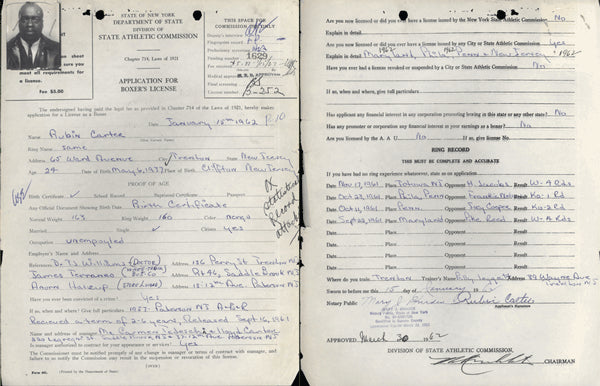 CARTER, RUBIN "HURRICANE" SIGNED BOXING LICENSE APPLICATION (1962-PSA/DNA)