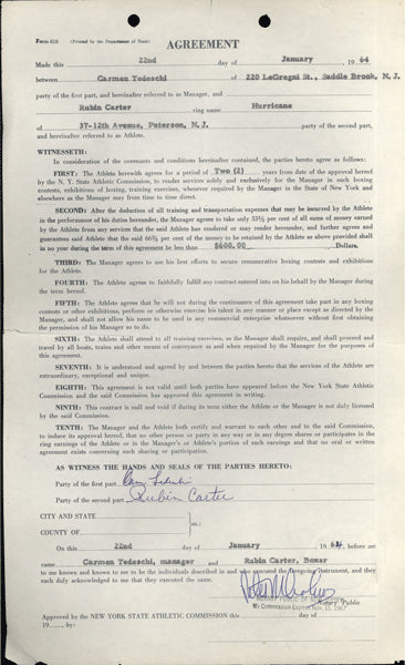 CARTER, RUBIN "HURRICANE" SIGNED MANAGEMENT AGREEMENT (1964-PSA/DNA)