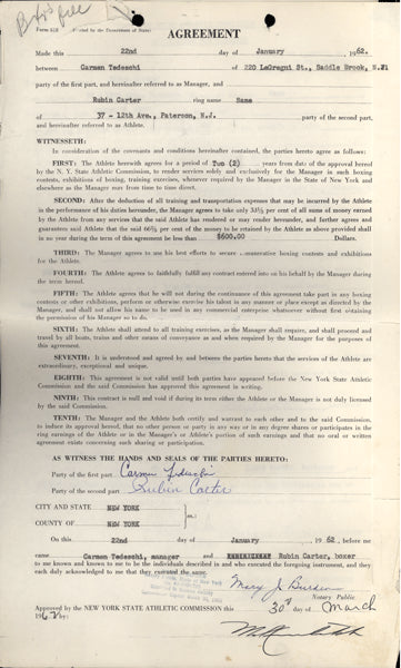 CARTER, RUBIN "HURRICANE" SIGNED MANAGEMENT AGREEMENT (1962-PSA/DNA)