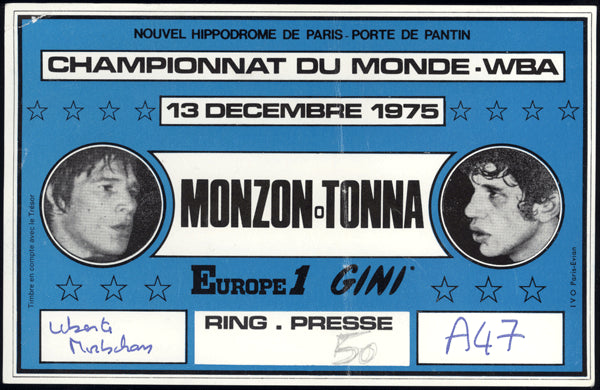 MONZON, CARLOS-GRATIEN TONNA PRESS PASS (1975)