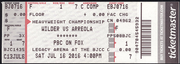 WILDER, DEONTAY-CHRIS ARREOLA ORIGINAL FULL TICKET (2016)