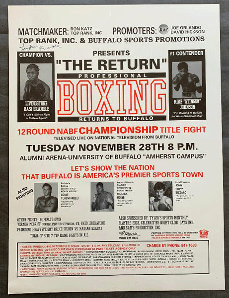 BRAMBLE, LIVINGSTON-KENNY VICE & RIDDICK BOWE-ART CARD ON SITE POSTER (1989-SIGNED BY BRAMBLE)