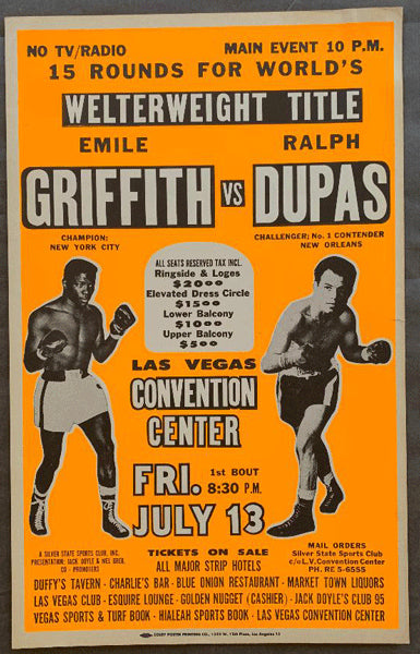 GRIFFITH, EMILE-RALPH DUPAS ON SITE POSTER (1962)