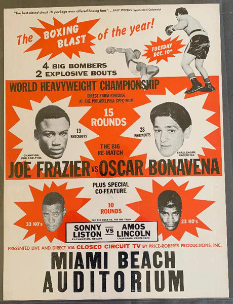 FRAZIER, JOE-OSCAR BONAVENA & SONNY LISTON-AMOS LINCOLN CLOSED CIRCUIT POSTER (1968)