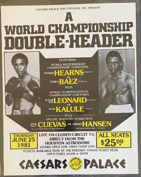 LEONARD, SUGAR RAY-AYUB KALULE & THOMAS HEARNS-PABLO BAEZ CLOSED CIRCUIT POSTER (1981)