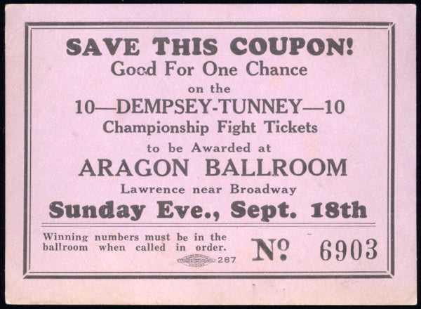 DEMPSEY, JACK-GENE TUNNEY II TICKET RAFFLE COUPON (1927)