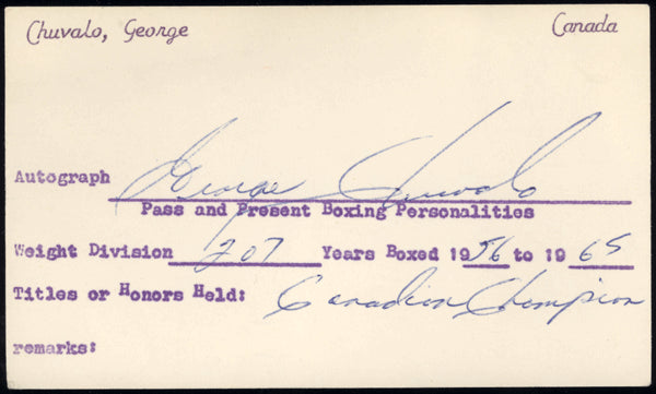 CHUVALO, GEORGE VINTAGE SIGNED INDEX CARD