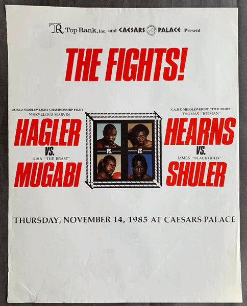 HAGLER, MARVIN-JOHN MUGABI & TOMMY HEARNS-JAMES SHULER SOUVENIR POSTER (1986)