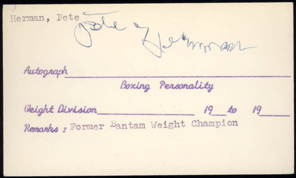HERMAN, PETE SIGNED INDEX CARD