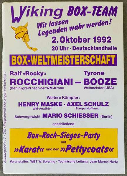 BOOZE, TYRONE-RALF ROCCHIGIANI OFFICIAL PROGRAM (1992)