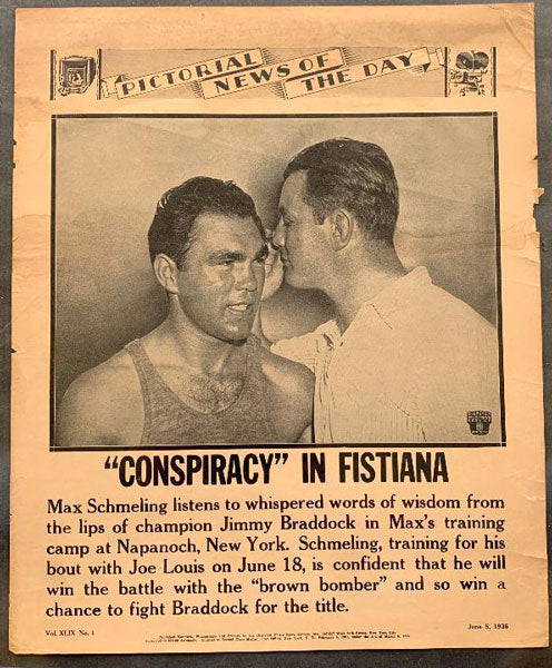SCHMELING, MAX & JIMMY BRADDOCK PICTORIAL NEWS POSTER(1936-DISCUSSING LOUIS)