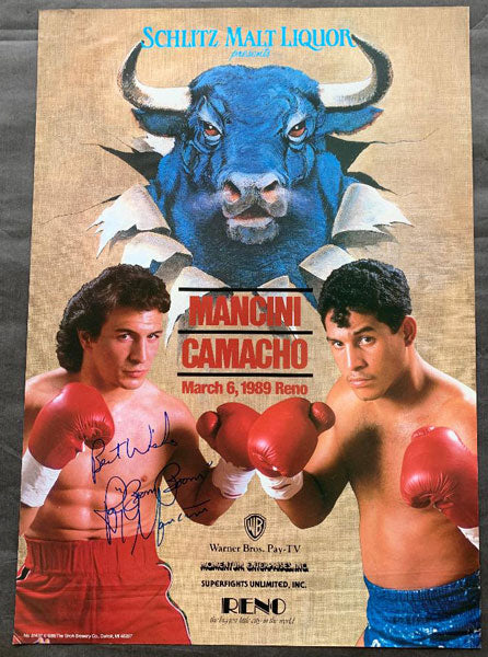 MANCINI, RAY "BOOM BOOM"-HECTOR "MACHO" CAMACHO SIGNED ON SITE POSTER (1989-SIGNED BY MANCINI)
