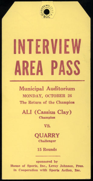 ALI, MUHAMMAD-JERRY QUARRY I INTERVIEW AREA PASS (1970)