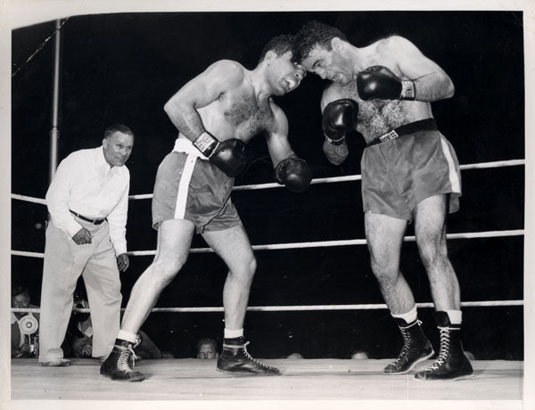 LAMOTTA, JAKE-MARCEL CERDAN ORIGINAL TYPE 1 WIRE PHOTO (1949-LAMOTTA WINS TITLE)